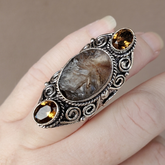 New Rough Golden Rutile and Citrine 925 Silver Statement Ring. - Picture 9 of 14